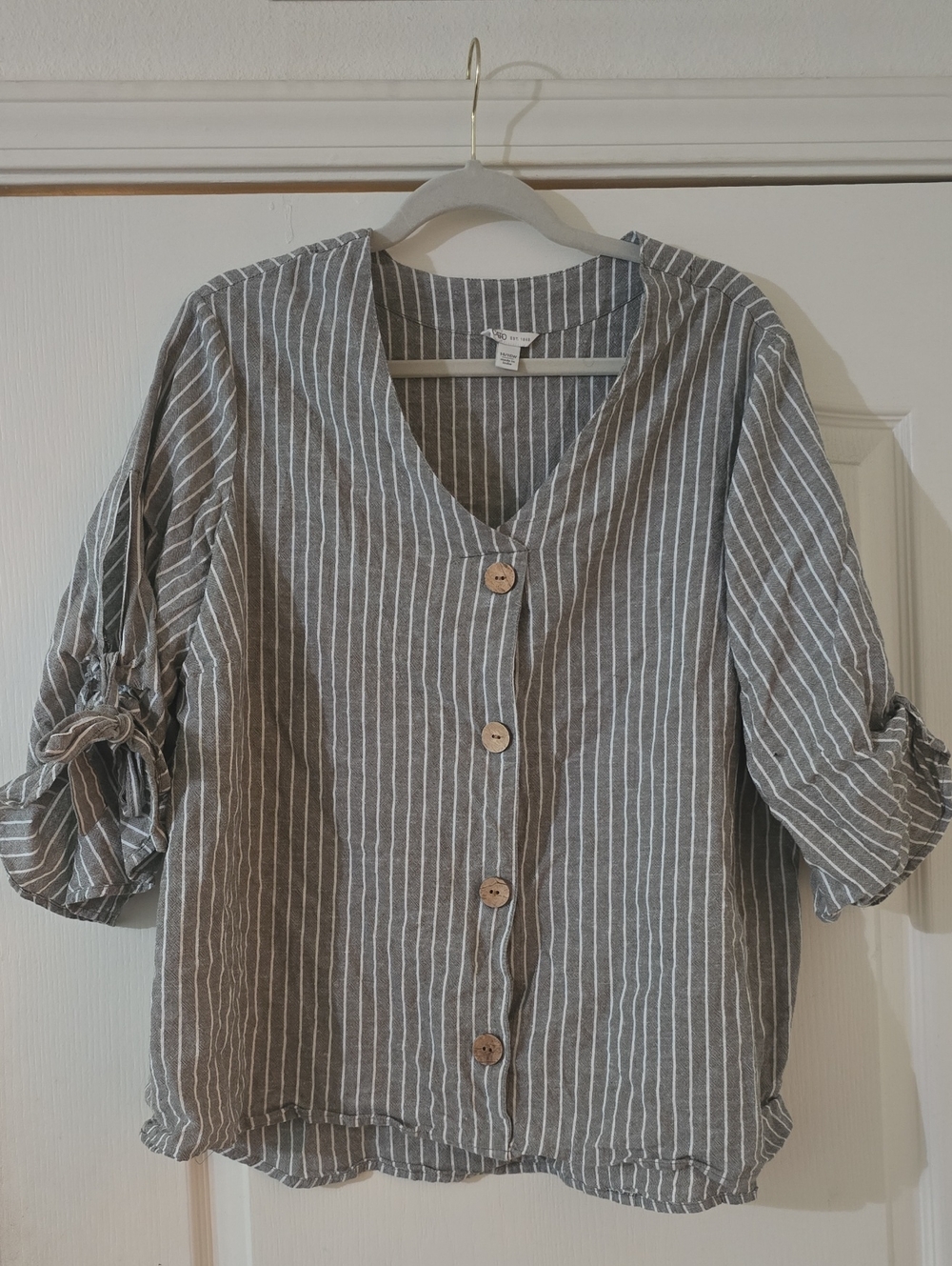 Cato Gray and White Striped Button-Front Blouse